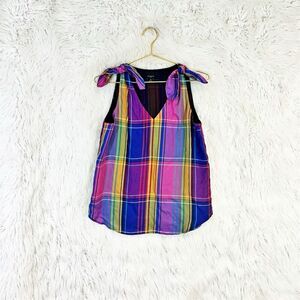 Ann Taylor Women's Plaid Sleeveless Blouse Bow tie V-Neck Size S Petites